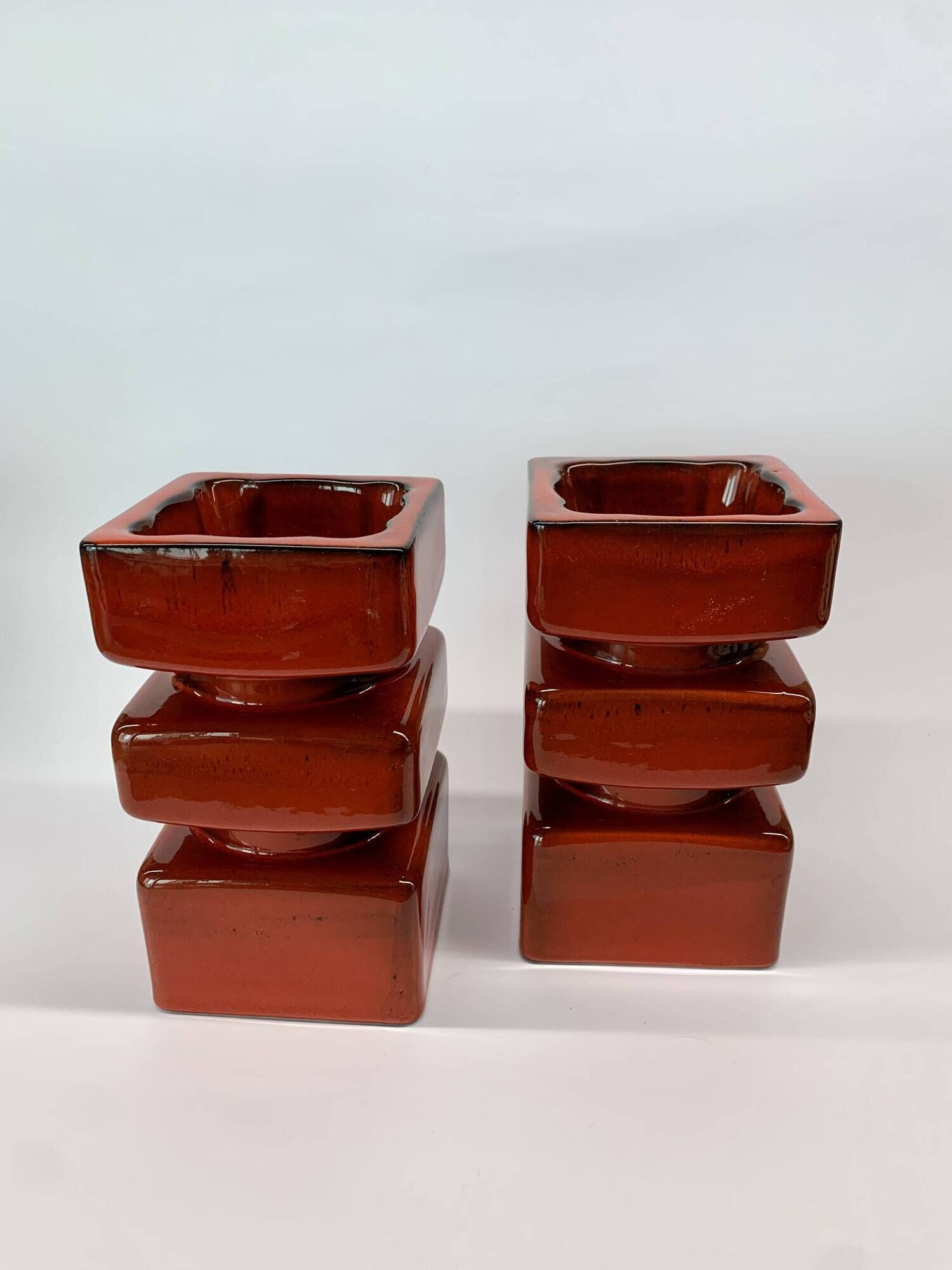 Set of 2 pottery block candleholders, 1970s