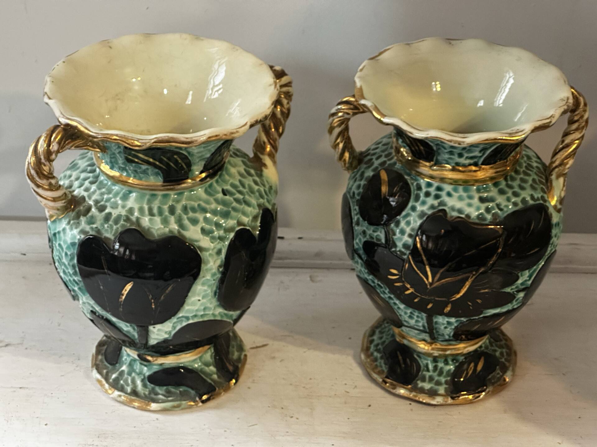 Pair of Vallauris vases in turquoise and black ceramic enhanced with o