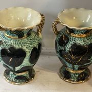 Pair of Vallauris vases in turquoise and black ceramic enhanced with o