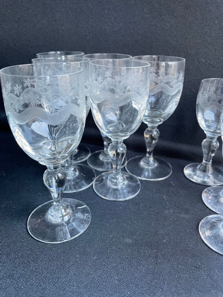 14 Meisenthal blown and engraved digestive glasses