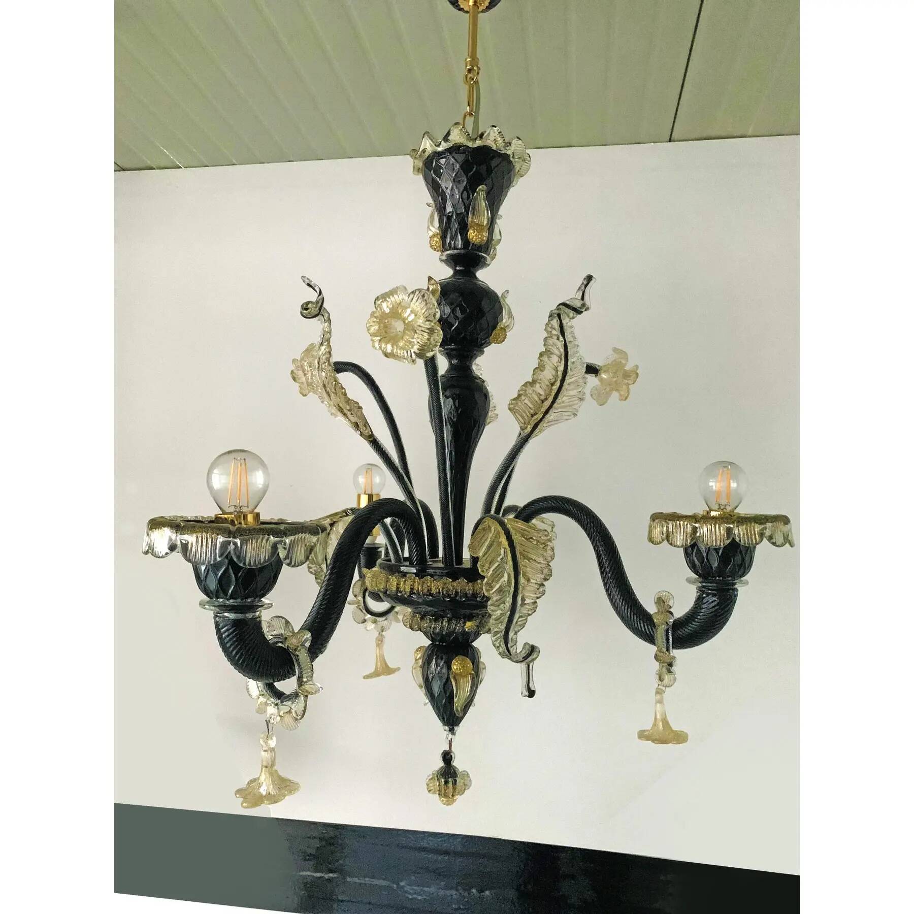 Black and Gold Murano-Style Venetian Glass Chandelier with Floral and Leaf Design
