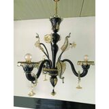 Black and Gold Murano-Style Venetian Glass Chandelier with Floral and Leaf Design