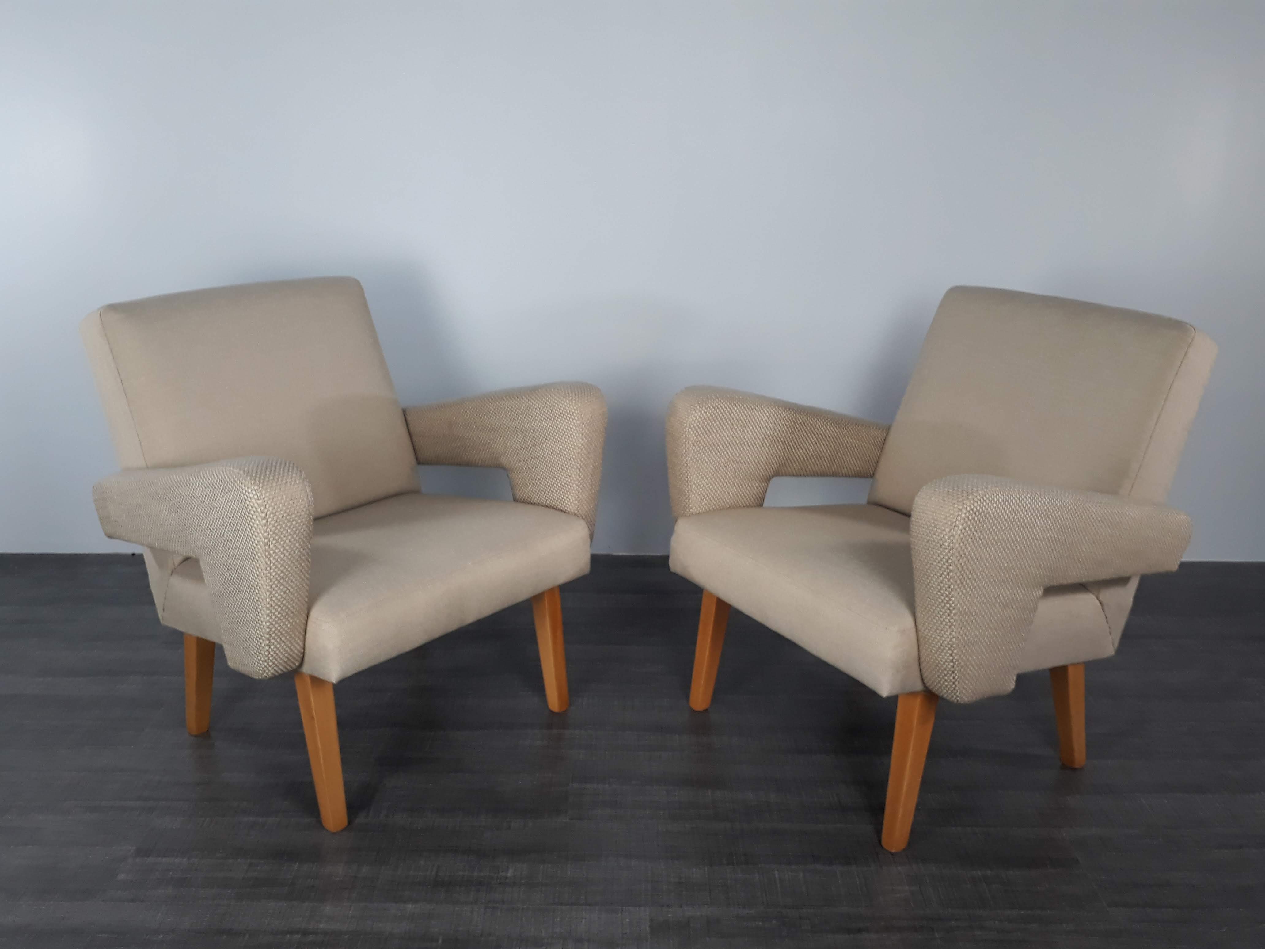 Pair of Jitona armchairs reupholstered Beige Fabric, Czech 1960s