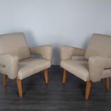 Pair of Jitona armchairs reupholstered Beige Fabric, Czech 1960s