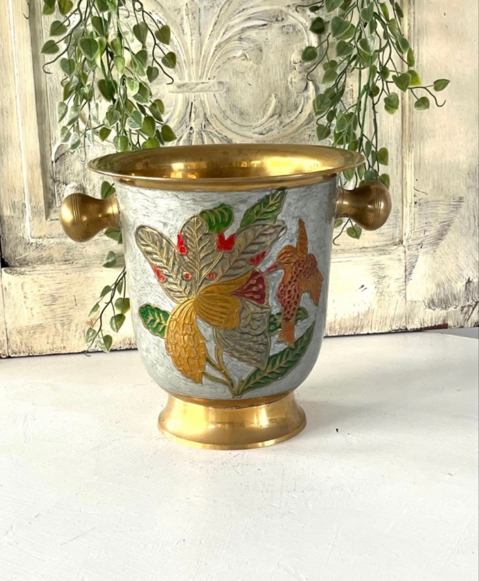 French cloisonne bucket enamelled colored over brass champagne cooler