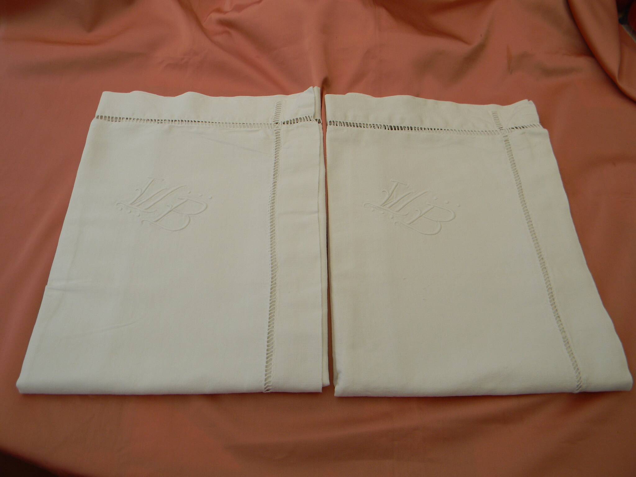 Pair of old ladder days pillowcases. WB monogram.