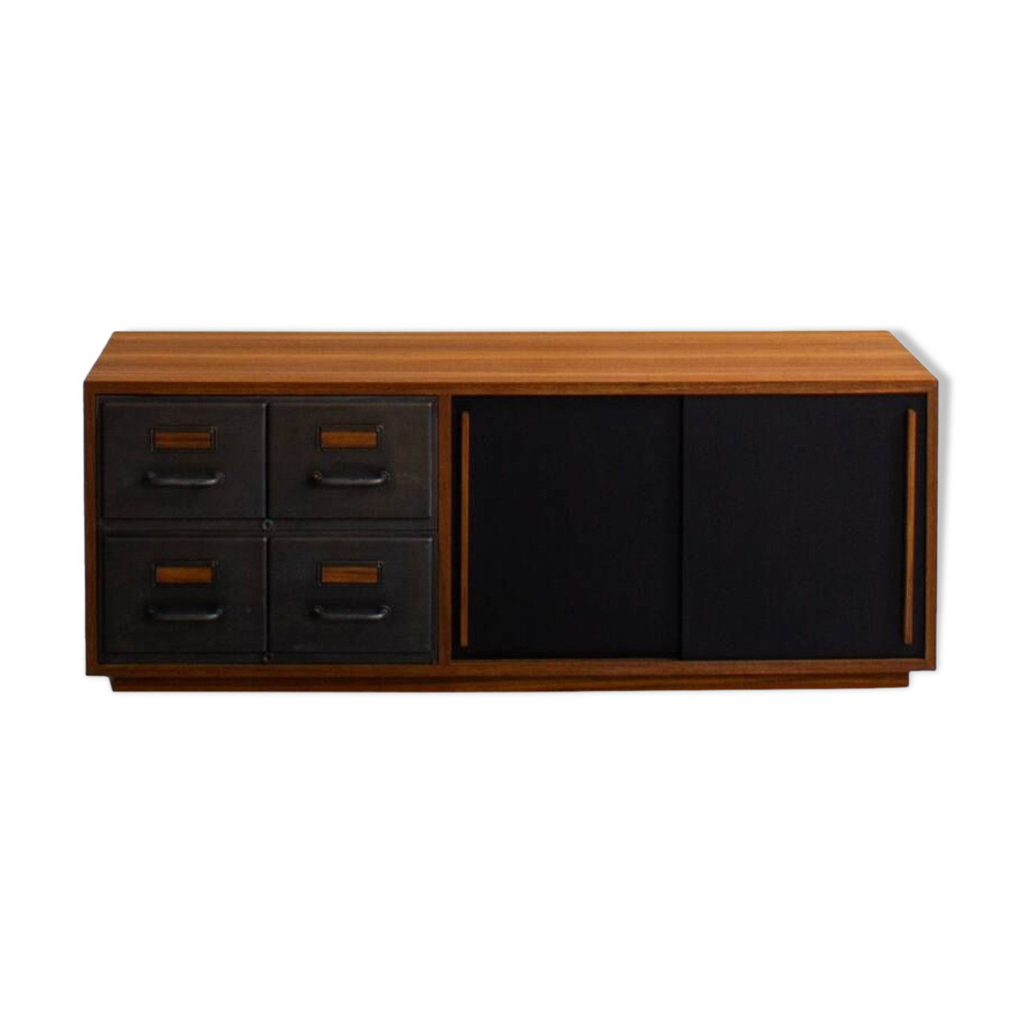 Teak sideboard with industrial metal drawers and 2 black sliding doors
