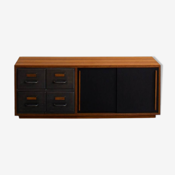 Teak sideboard with industrial metal drawers and 2 black sliding doors