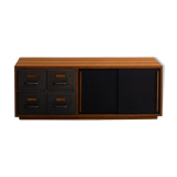 Teak sideboard with industrial metal drawers and 2 black sliding doors