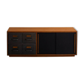 Teak sideboard with industrial metal drawers and 2 black sliding doors