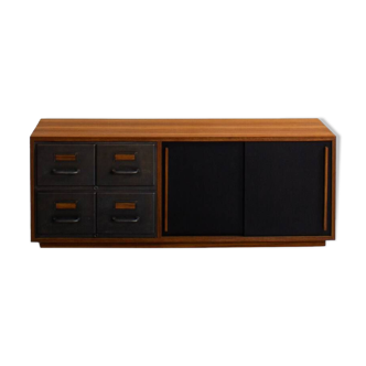 Teak sideboard with industrial metal drawers and 2 black sliding doors