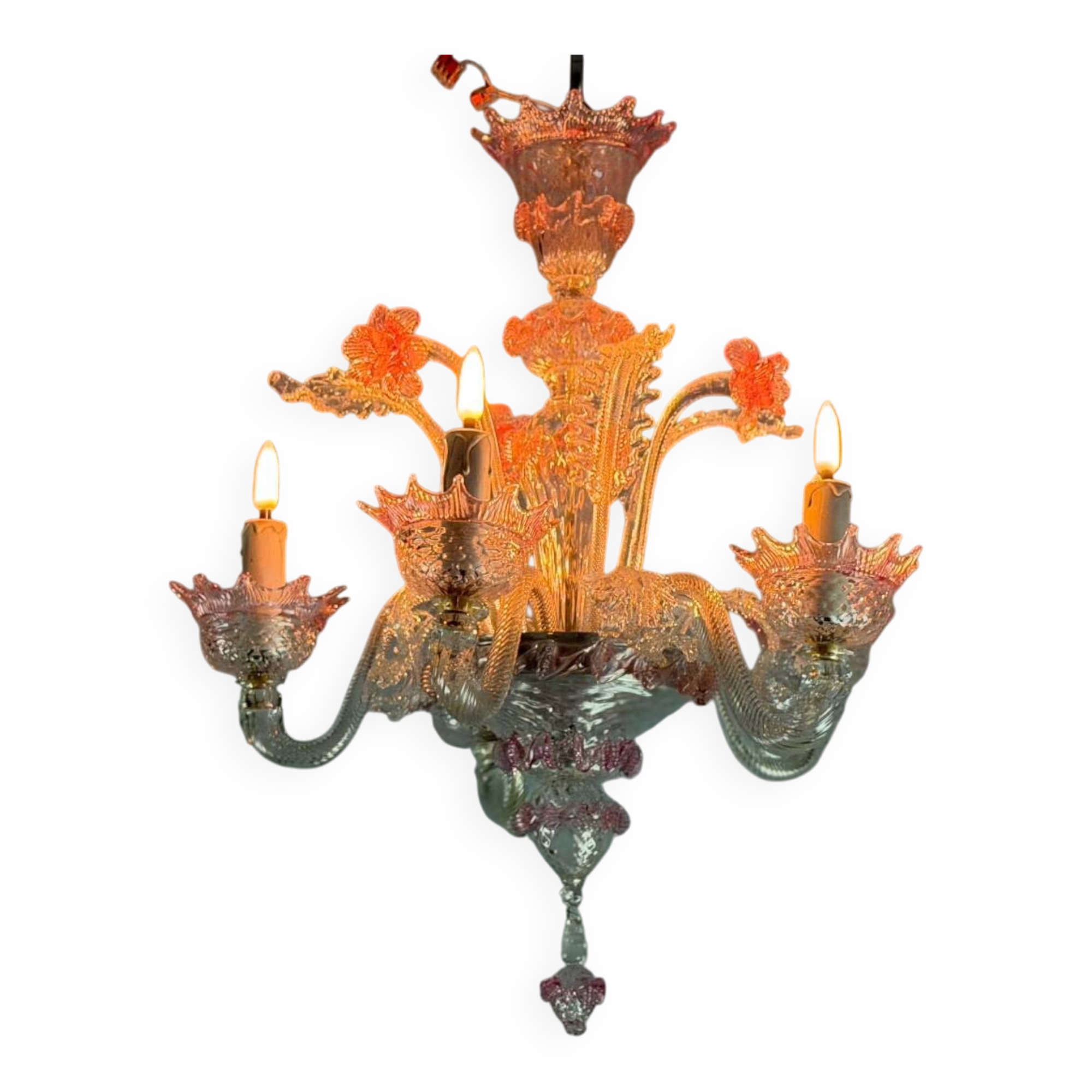Small Venetian chandelier in colorless and red Murano glass, circa 1950