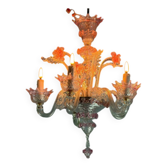 Small Venetian chandelier in colorless and red Murano glass, circa 1950