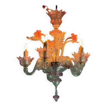 Petit lustre vénitien en verre de Murano incolore et rouge, vers 1950