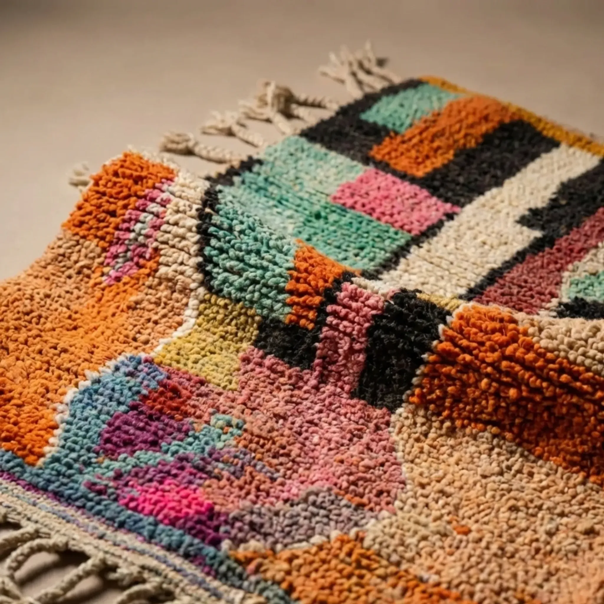 Moroccan handwoven wool rug in colour block peach, pink, teal, and orange, 122x183 cm.