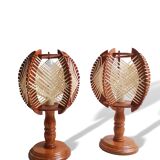 Portuguese mid century natutal wood straw organic material bedside table lamps 1960s SET of 2