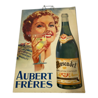 Old sheet metal pinup "vin aubert frères" raymond ducatez wine muscadet