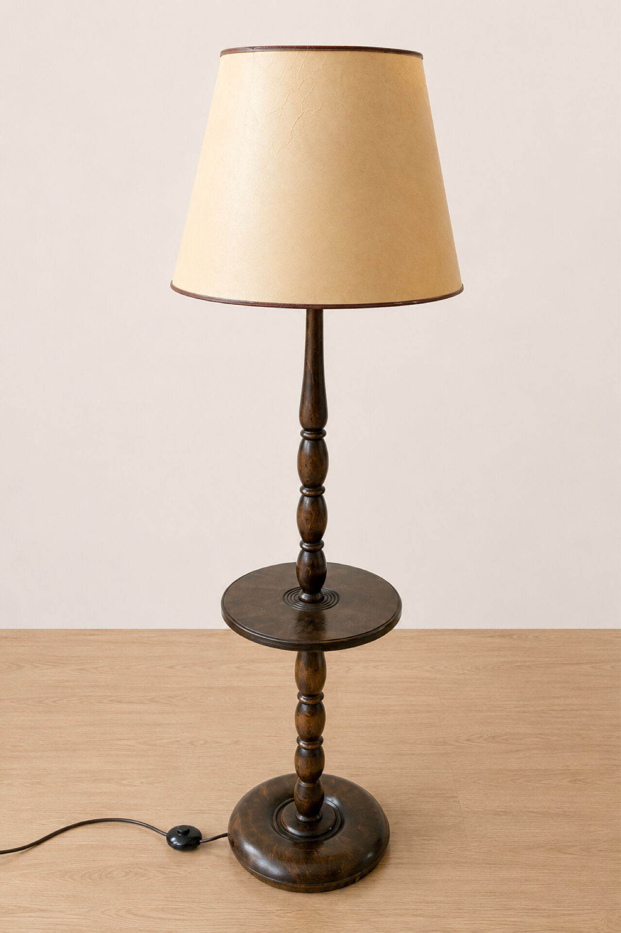 Vintage wooden floor lamp with rotating and leather shade - 1970s