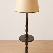Vintage wooden floor lamp with rotating base and leather shade - 1970s