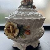 Capodimonte-style porcelain lidded sugar bowl with floral relief