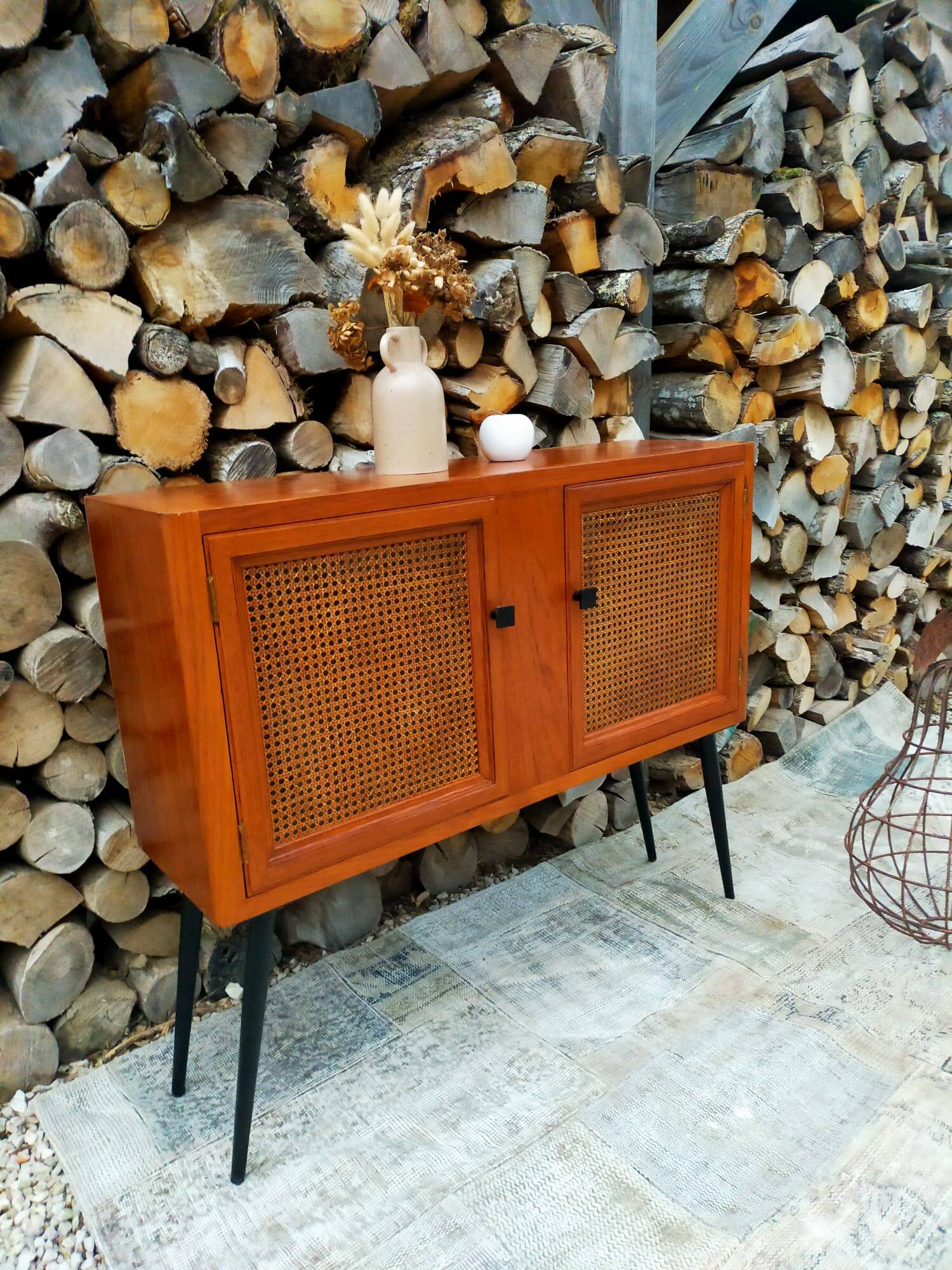 Vintage wooden and cane console