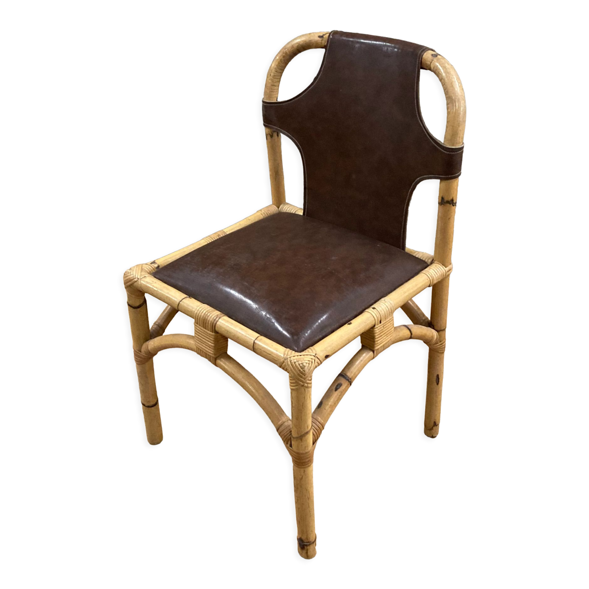Vintage chair in rattan and bamboo and brown leather