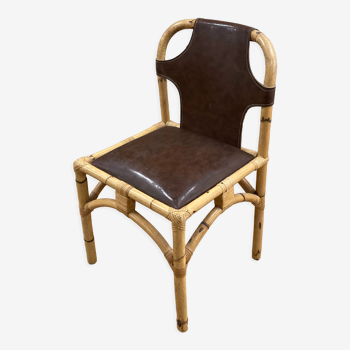 Chaise vintage en rotin et bambou et cuir marron