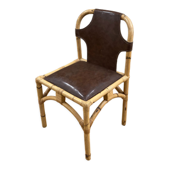 Vintage chair in rattan and bamboo and brown leather