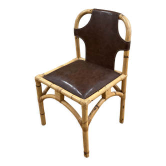 Chaise vintage en rotin et bambou et cuir marron