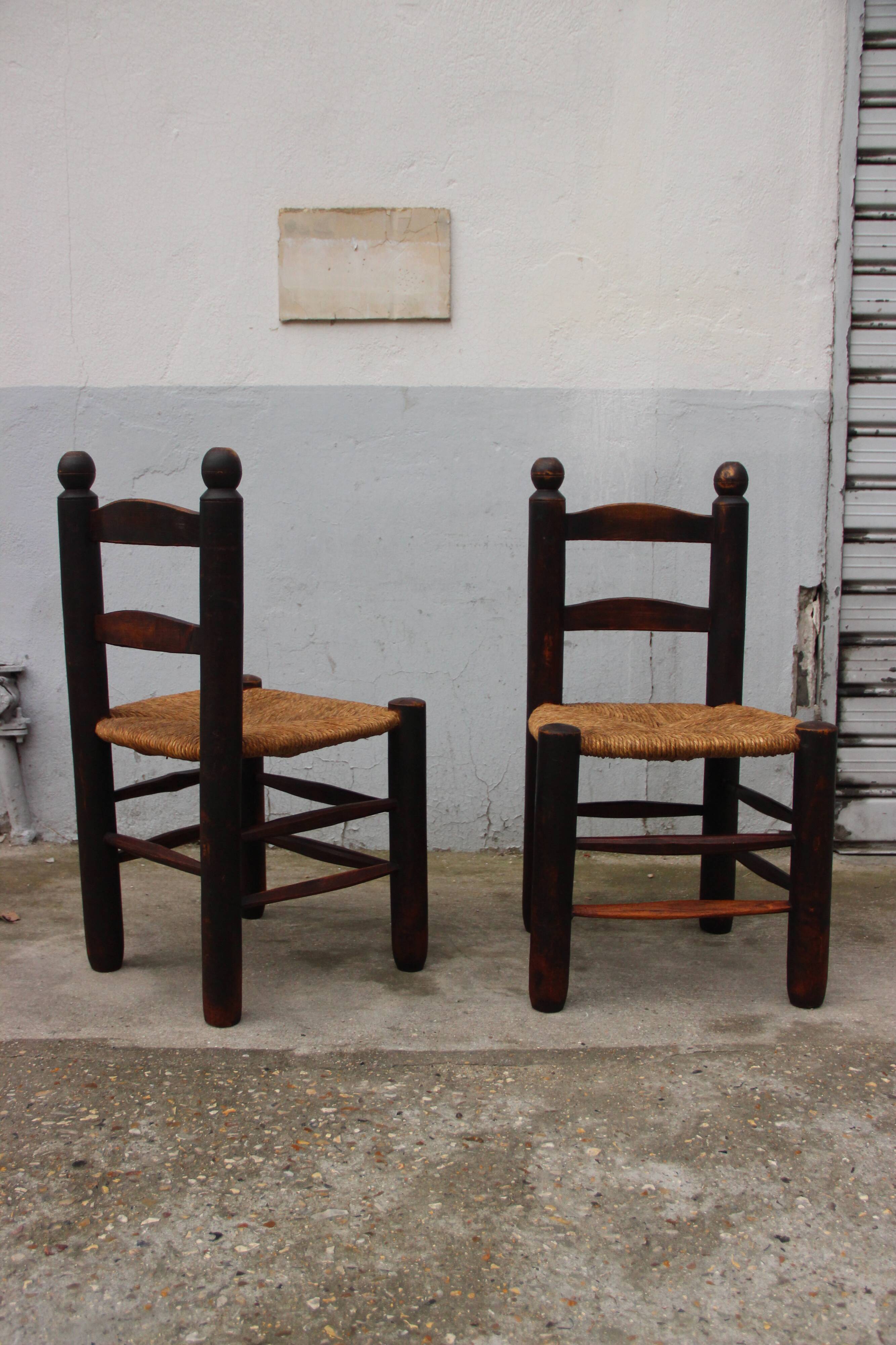 Pair of chairs in solid oak and rope, raw art