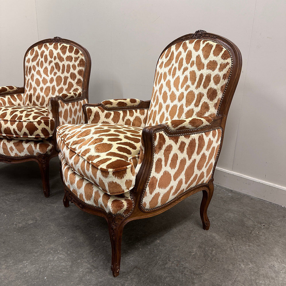 Pair of Louis XV style armchairs in giraffe velvet upholstery, France, 1950s