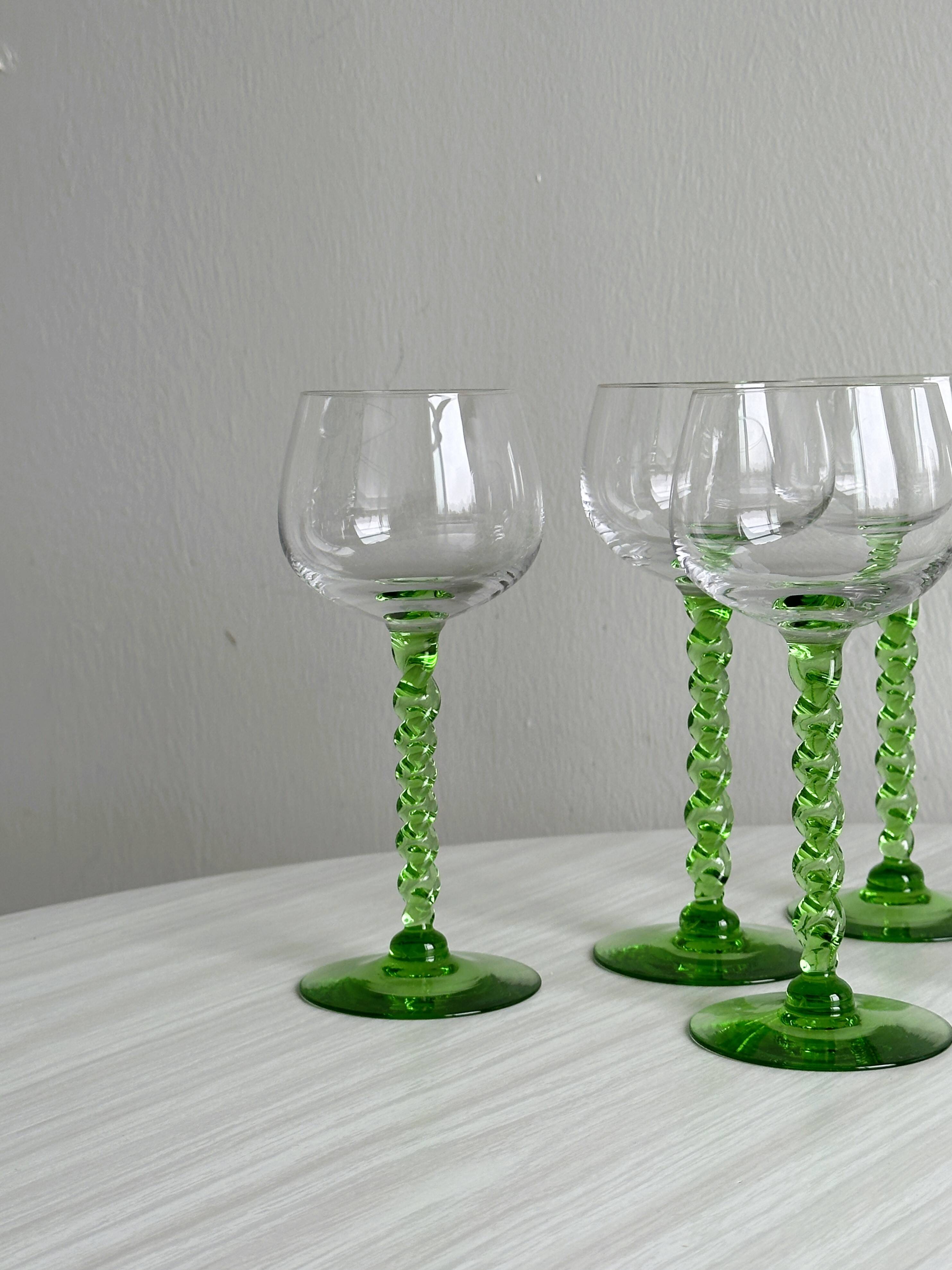 6 transparent green twisted stemmed glasses