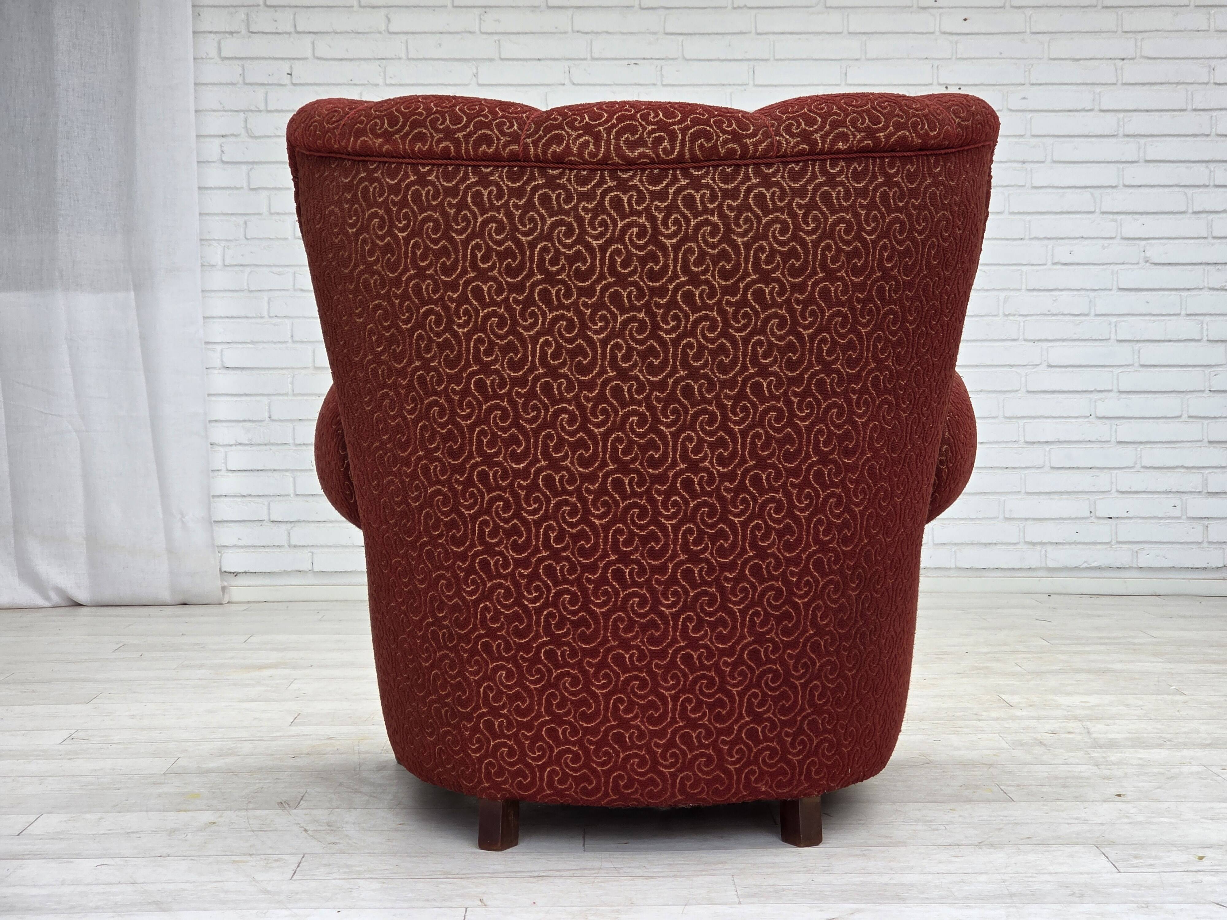 1960s, Danish relax armchair, original red furniture wool, oak wood legs.