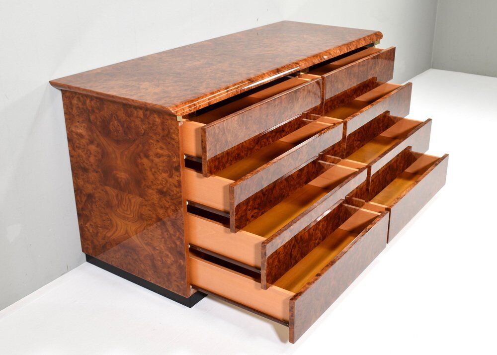 Italian drawer credenza in high gloss burl and brass, Italy, 1970s