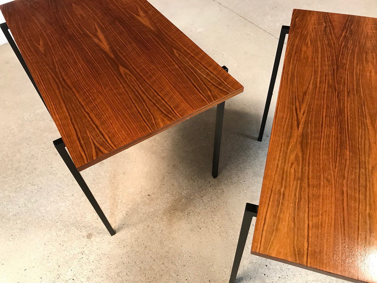 Minimalist walnut & steel stacking side tables, 1960s, Set of 2