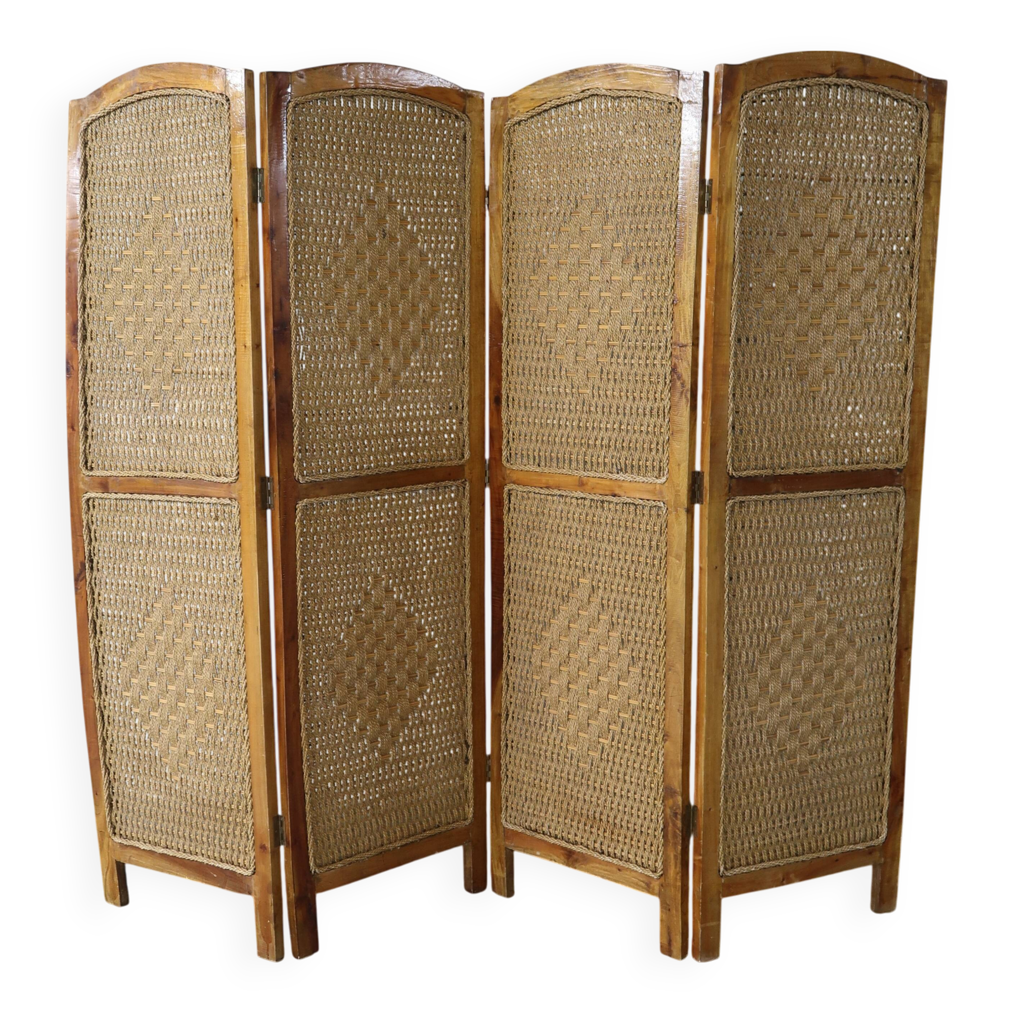 Handcrafted screen in exotic wood and rope.