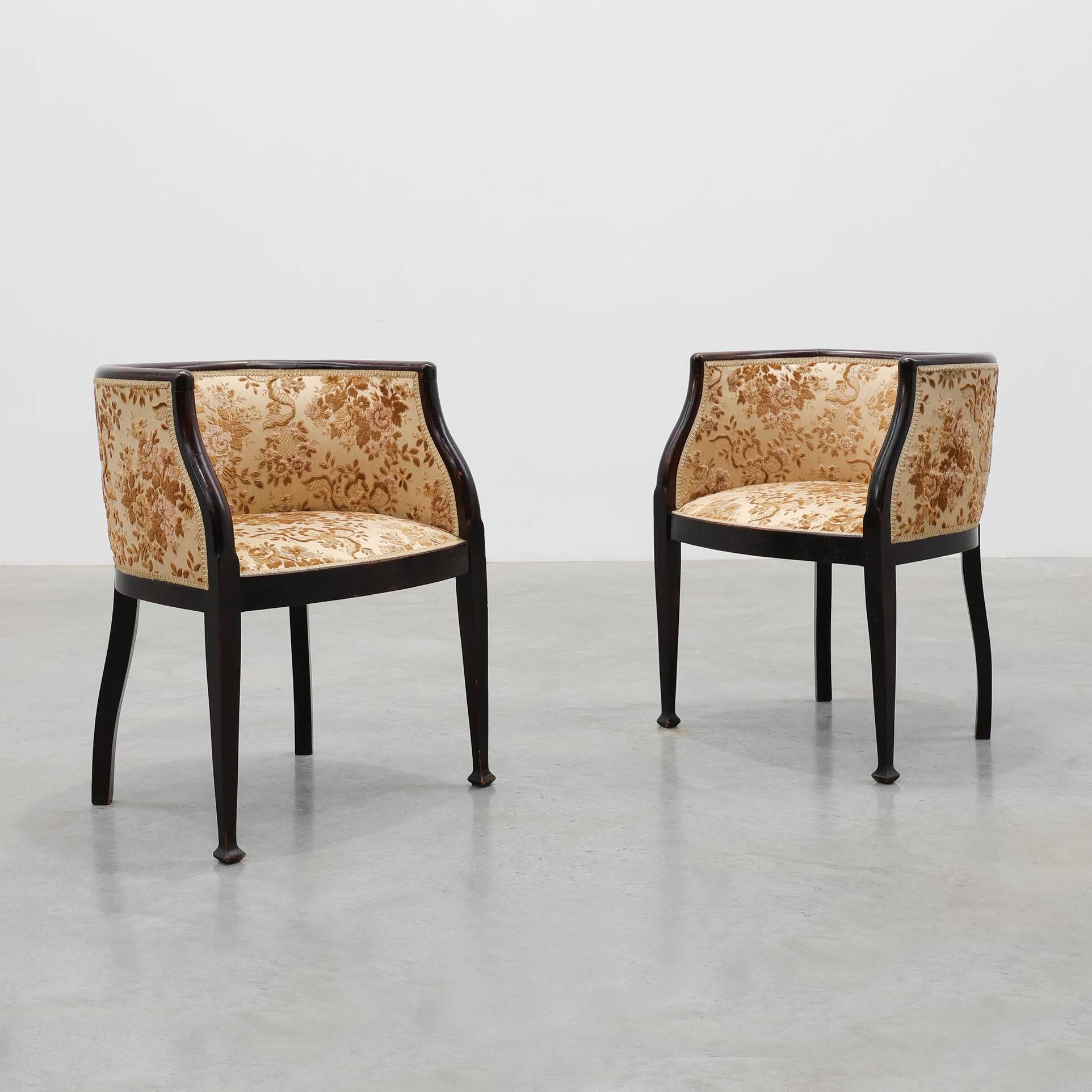Pair of Ebonised Tub Armchairs with Floral Upholstery, France, Circa 1900