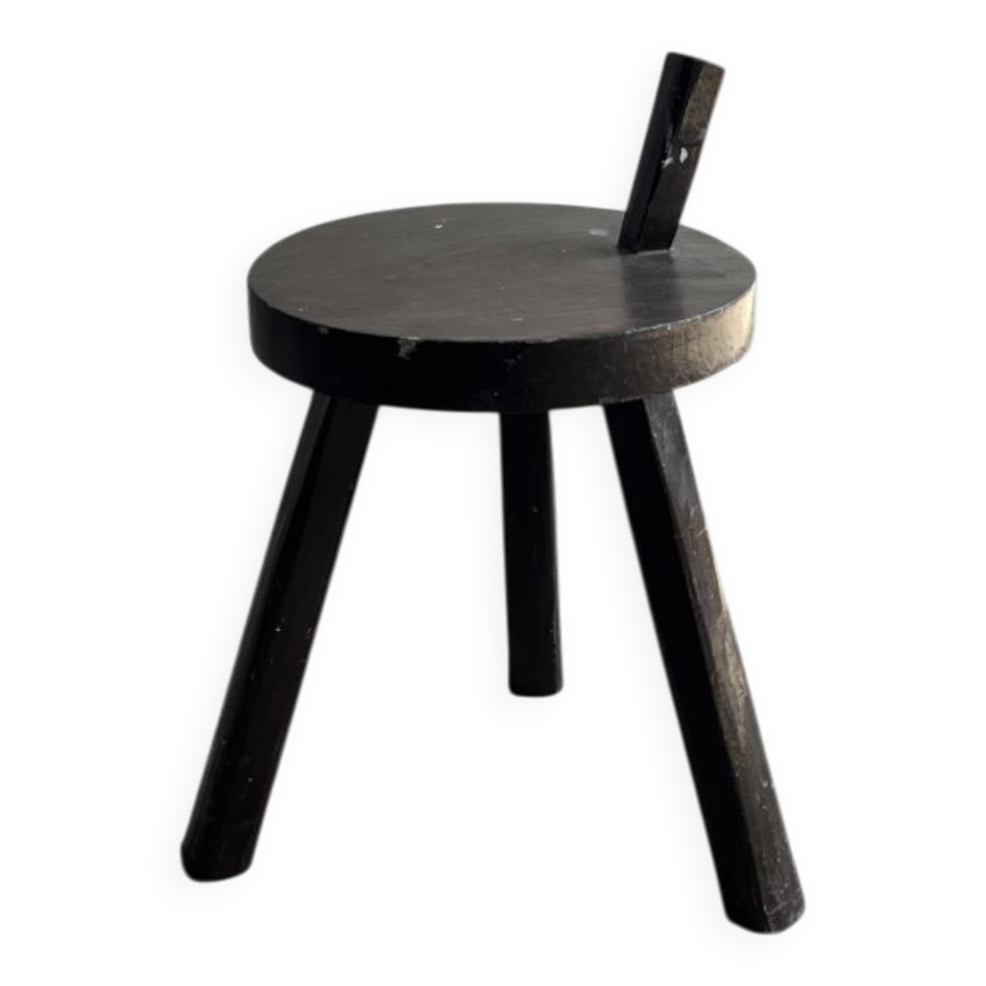 Black solid wood vintage tripod stool with angled back peg — France, 1960s
