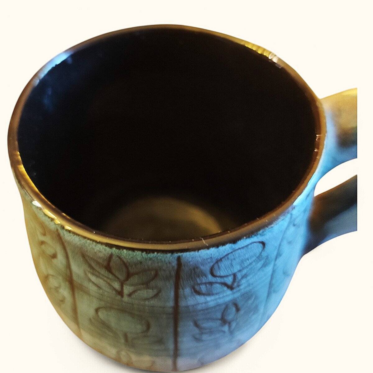 Large Patterned Cup on Matte Blue Glaze, by Jean De Lespinasse, 1950s / 1970s