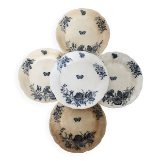 5 assiettes plates antiques faience d'Onnaing Nord motif fleuri et papillon bleu patine