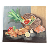 Oil painting on panel, still life with vegetables