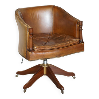 Vintage Patinated Leather Chesterfield Swivel Captain's Armchair