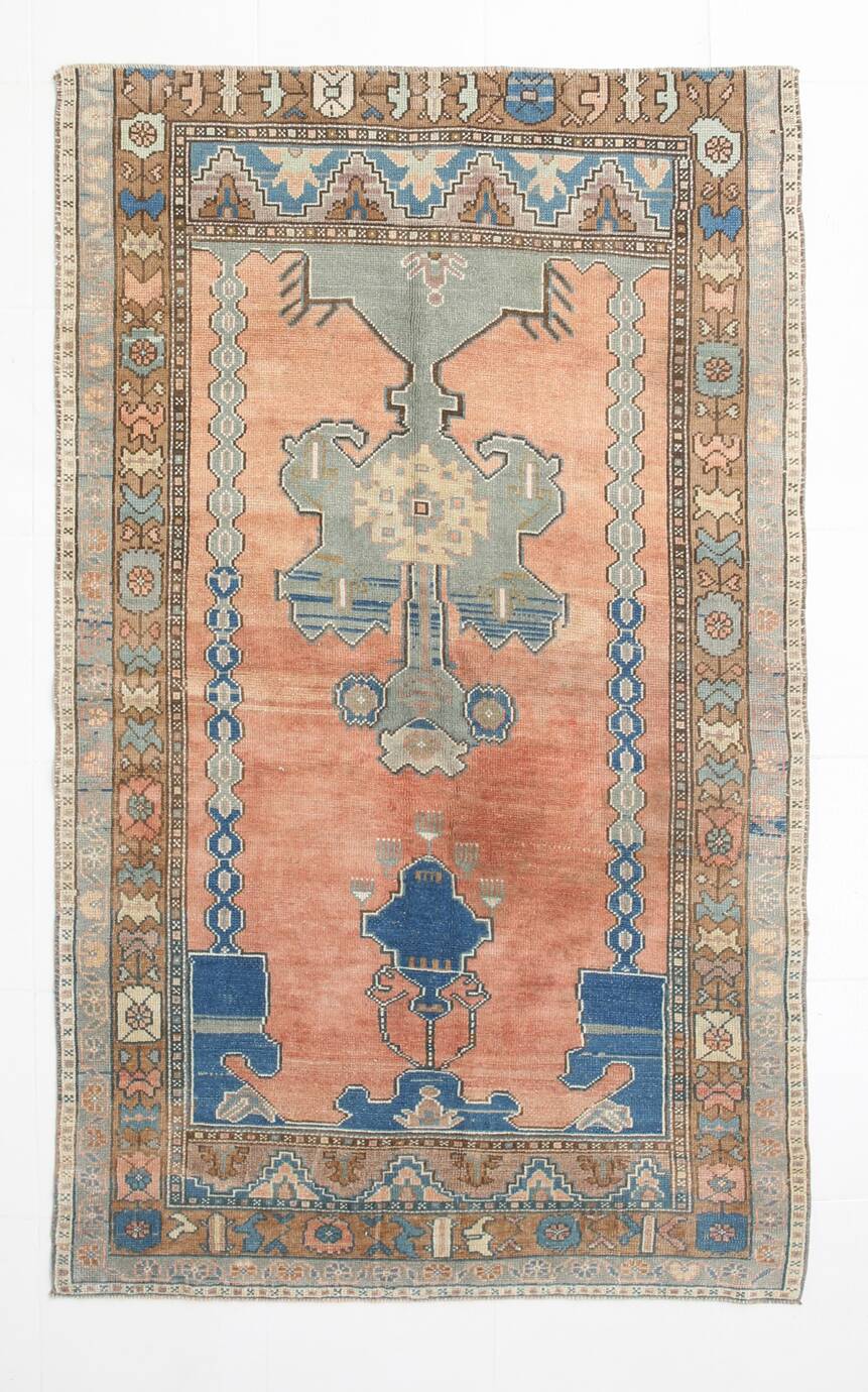 Salmon & Navy Blue Vintage Persian Rug, 131x218 Cm