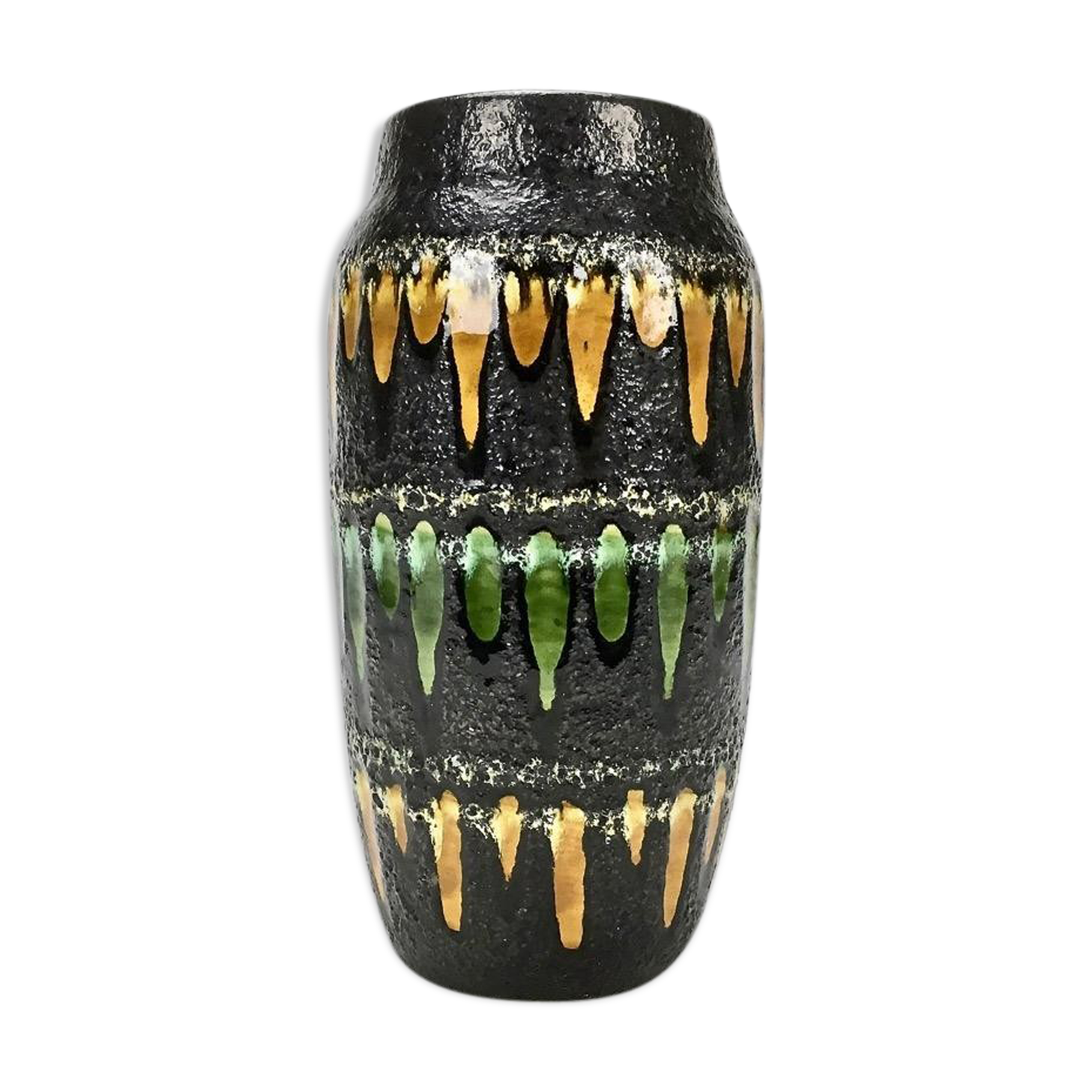 "Fat Lava" vase black background and colorful enamelled drippings