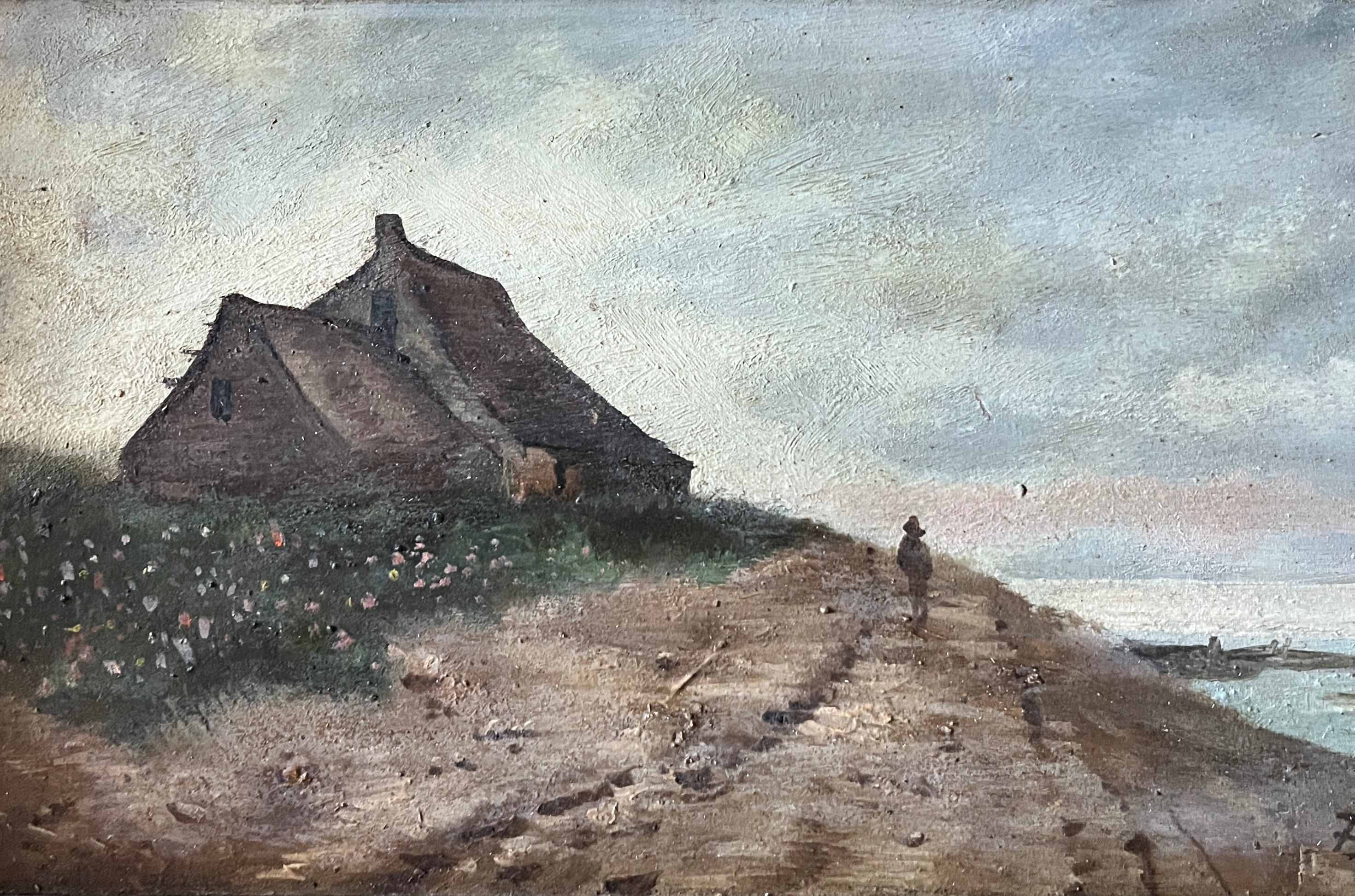 HST painting "Bord de mar" Animated seascape with thatched cottage signed Bilson XIX° + frame