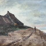HST painting "Bord de mar" Animated seascape with thatched cottage signed Bilson XIX° + frame