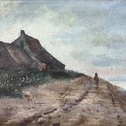 HST painting "Bord de mar" Animated seascape with thatched cottage signed Bilson XIX° + frame