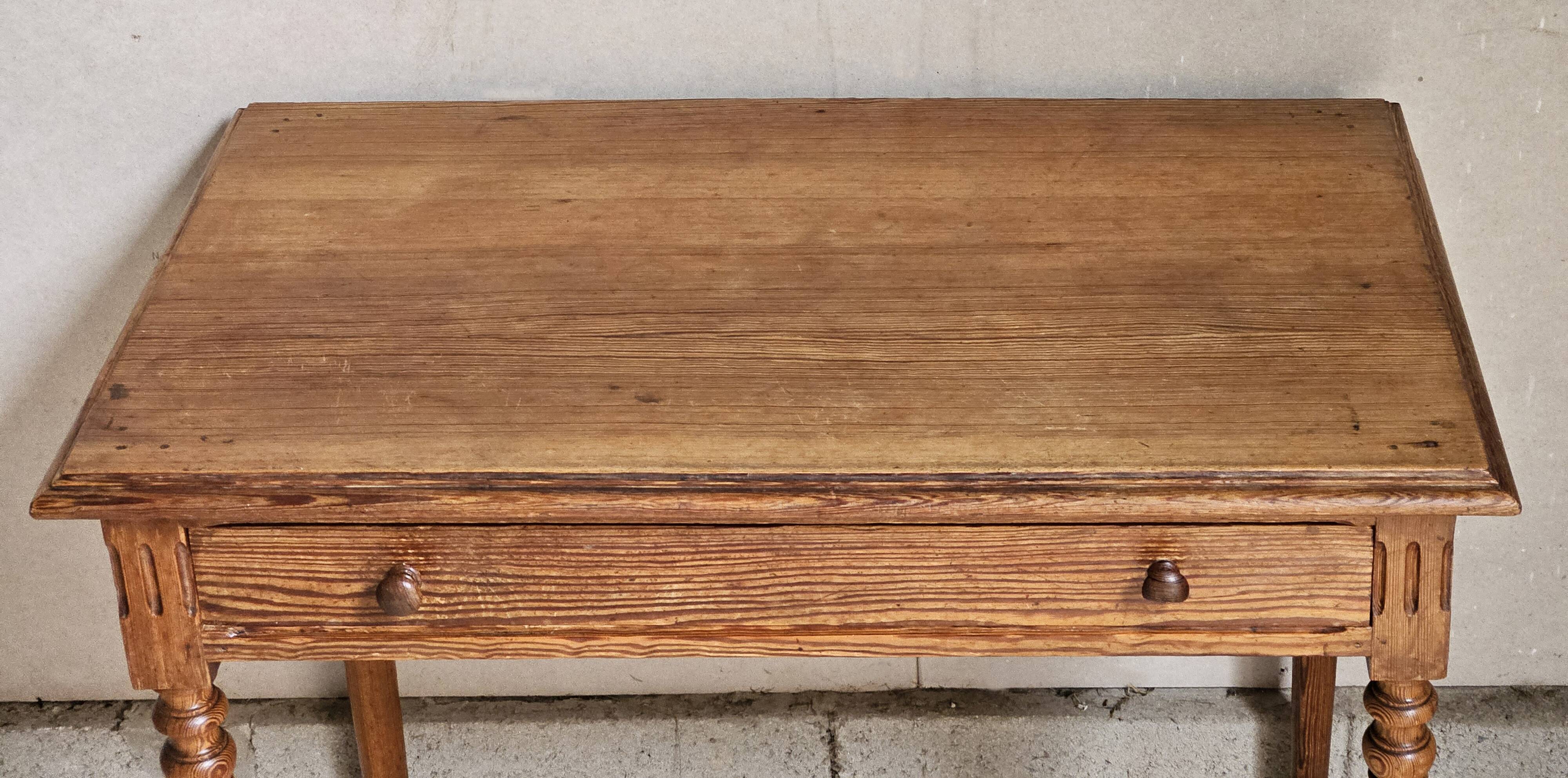 Desk, pine table, turned wooden legs, vintage, 70s