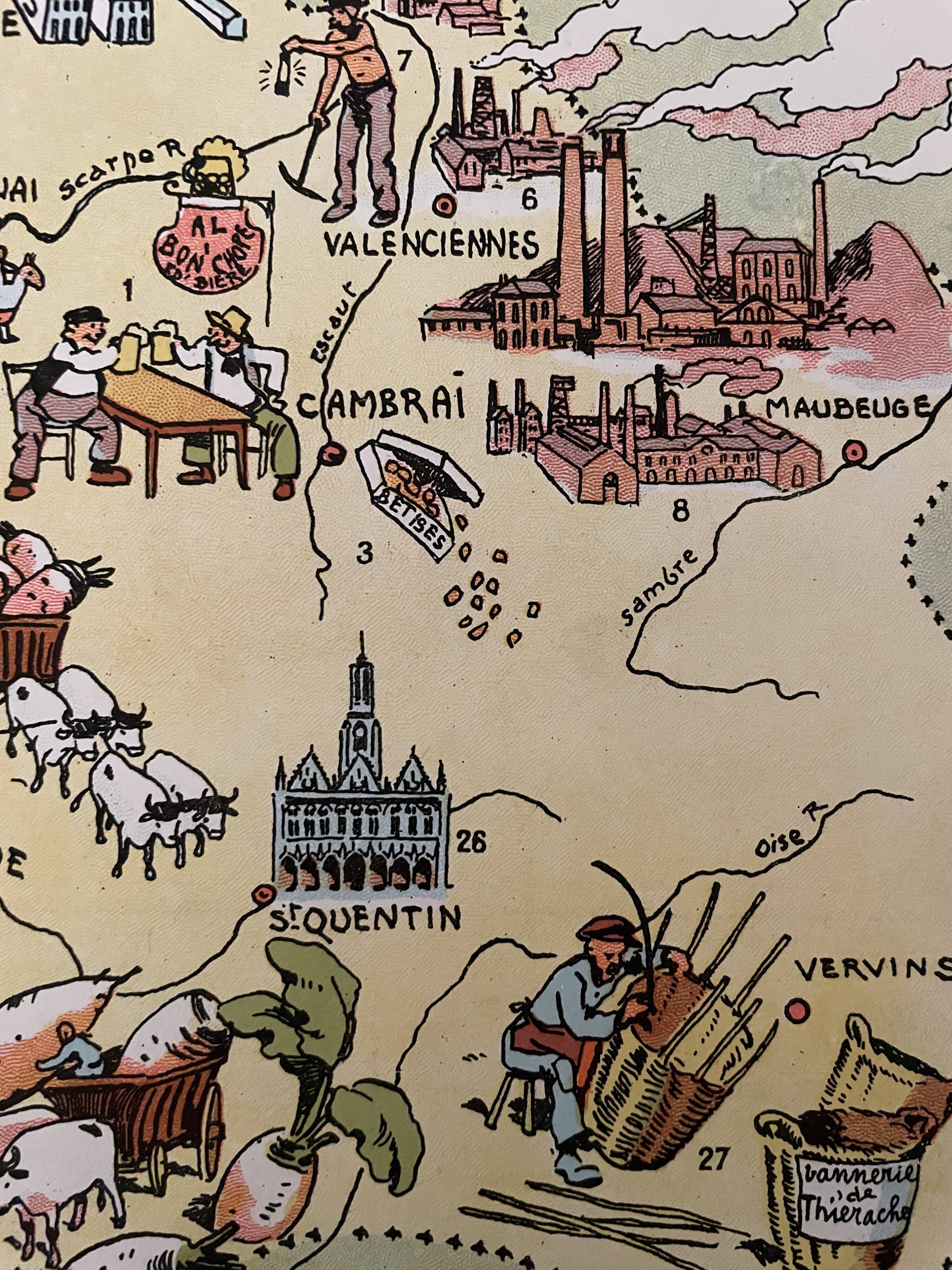 Old illustrated map of Flanders Artois Picardy 1948 - JP Pinchon