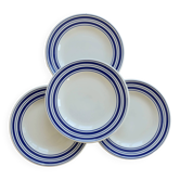 4 assiettes à dessert en porcelaine blanche à liserés bleus – Style bistrot
